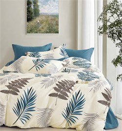 Ткань сатин  принт Листья хлопок 100% ширина 235  компаньон ( цвет компаньона индиго) 5669