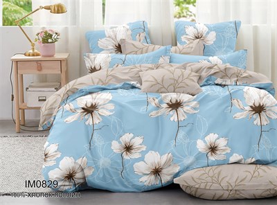 Ткань Поплин постельный Премиум ширина 220 принт  Цветы на голубом   основа - фото 6859