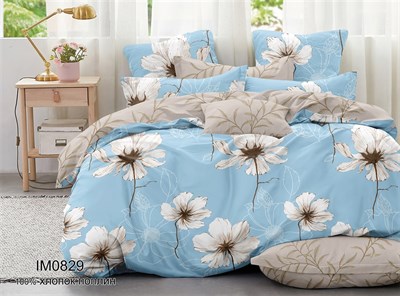 Ткань Поплин постельный Премиум ширина 220 принт  Цветы на голубом   основа оптом от 10 метров - фото 6997