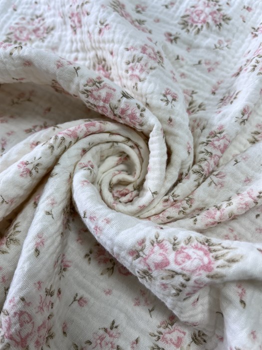 Ткань Муслин жатый двухслойный белый принт "Розы» - фото 9770