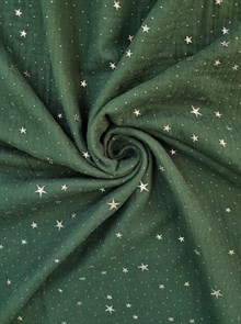 Ткань Муслин жатый двухслойный цвет Пихта золотые звезды глиттер 100% хлопок